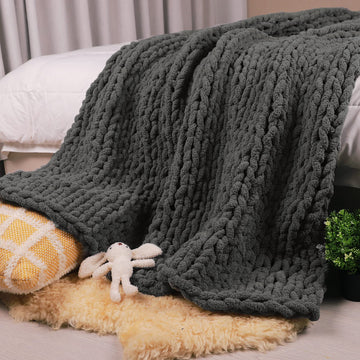 Chunky Knit Throw Blanket 50" x 60", 100% Hand Made, Dark Grey