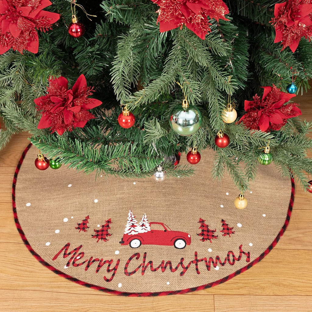 Christmas Tree Skirt, 30 Inch Rustic Burlap Tree Skirt with Red Truck and Letter Printed Christmas Tree Mat for Xmas