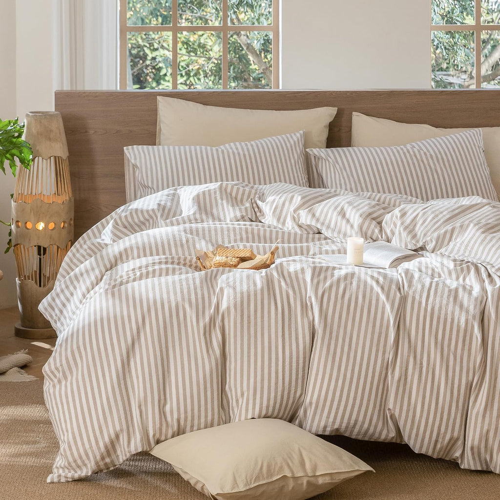 Striped Duvet Cover Set 100% Washed Cotton Linen Like Textured Breathable Durable Soft Comfy (Tannish Linen Grey