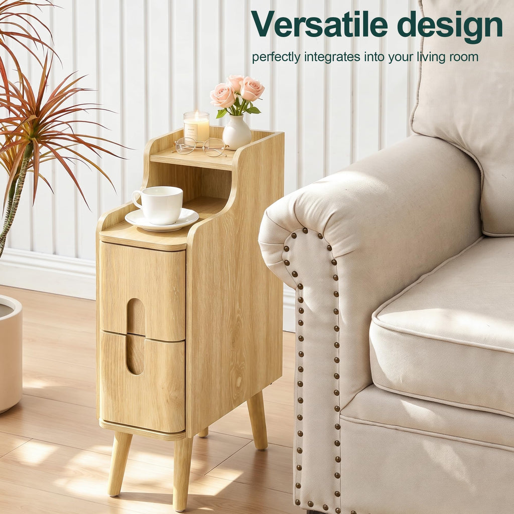 Narrow Nightstand, Wooden 2 Drawer, Natural, Set of 2