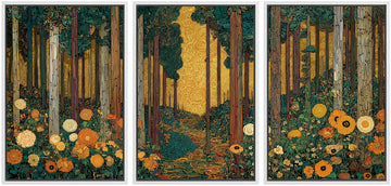 Framed Print Wall Art Set Klimt Style Sunlit Forest Vibrant Green and Gold Floral WoodlandDecorative Minimal
