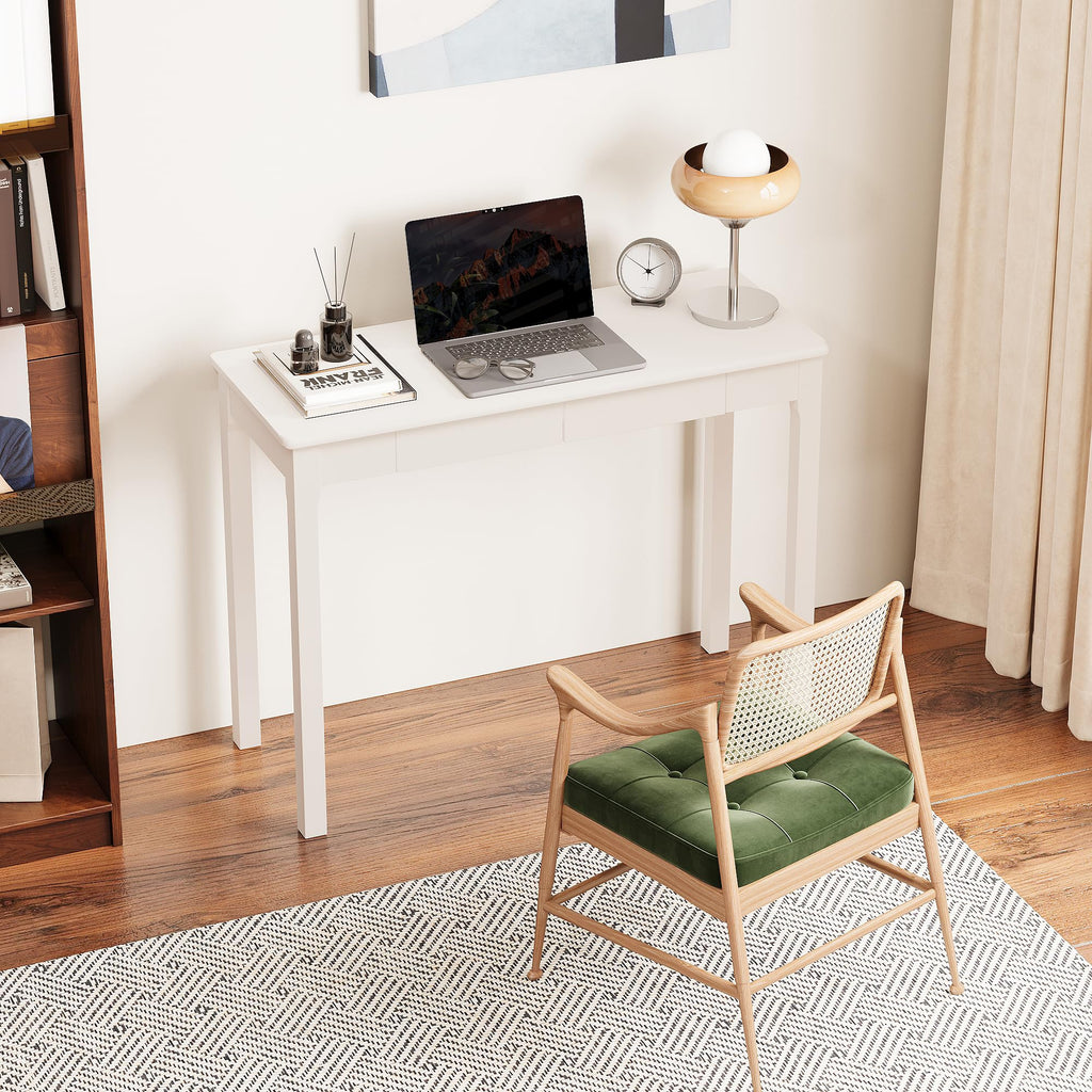 Solid Wooden Desk with Drawers - 39 x 16 Inch Modern Narrow Desks, Rubberwood Simple Work Study Table, Small Writing