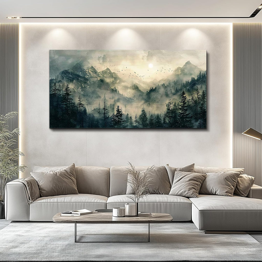 Large Framed Wall Decor Canvas Wall Art Farmhouse Wall Decorations Forest Fog Landscape Paintings Modern Pictures