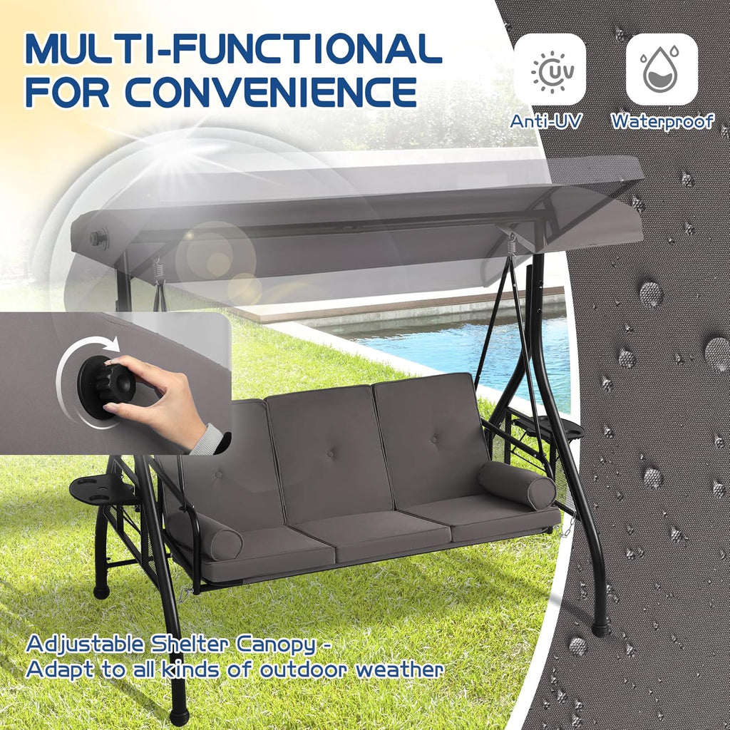 Porch Swings with Adjustable Canopy, 3 Seat Outdoor Swing Bed, Gray | Heavy Duty Porch Glider Bench with Stand
