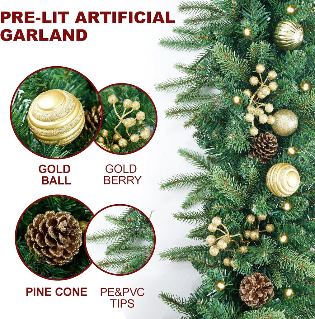9FT Pre-Lit Artificial Christmas Garland with Dual Color LED Lights and Timer by Remote Control and Batteries