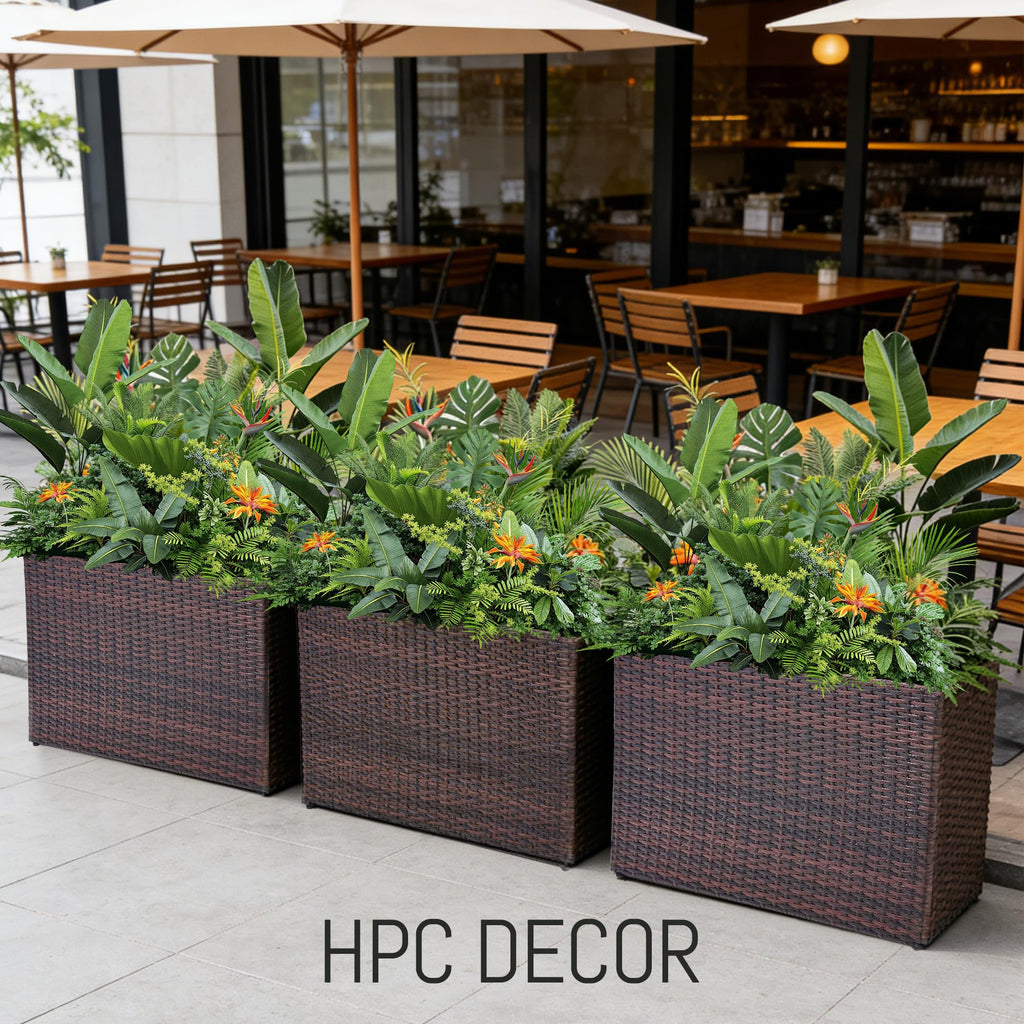 HPC Decor 32.5" Tall Planters, Plastic Planter for Outdoor Plants Handmade Wicker Large Rectangular Block Planter Box