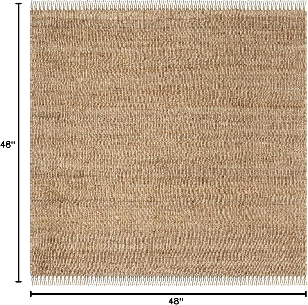 Natural Fiber Collection Area Rug - 4' Square, Natural, Handmade Boho Fringe Woven Jute, Ideal for High Traffic Areas