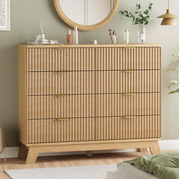 Fluted Dresser with 8 Drawers, 48" Wide Modern Chest of Drawers with Metal Handle, Wooden Dresser TV Stand, Wood