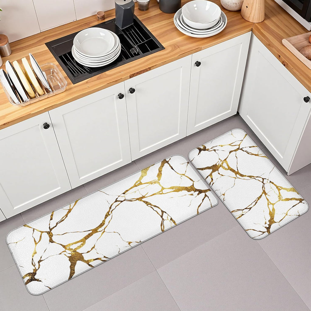 Gold White Kitchen Mats for Floor 2 Pcs 17.3"X28"+17.3"X47" | Modern Marble, Anti Fatigue, PVC Non Slip, Waterproof