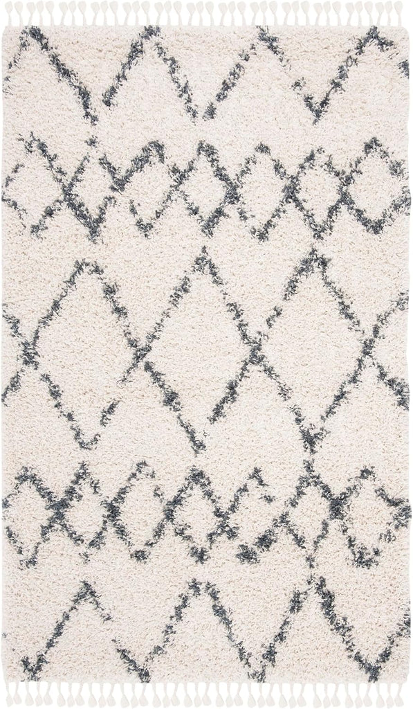 Pro Luxe Shag Collection Area Rug - 5' x 8', Cream & Blue, Moroccan Boho Tassel Design, Non-Shedding & Easy Care