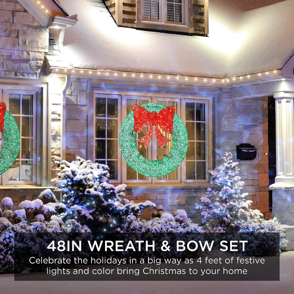 48in Pre-Lit Outdoor Christmas Wreath Decoration, LED Metal Holiday Decor w/ 140 Lights, Bow - Green/Red