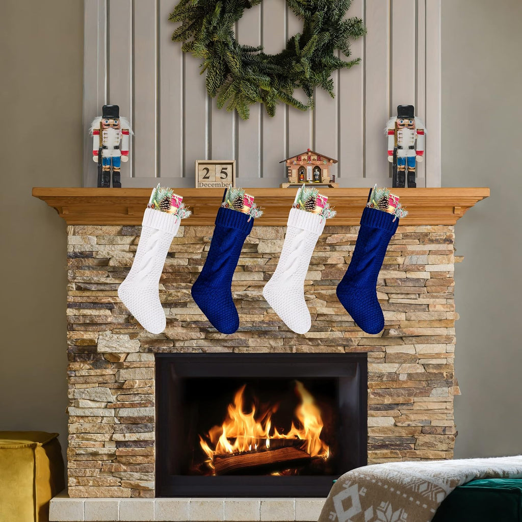 Christmas Stockings Bulk, 18 Inch White and Blue Cable Knitted Stockings for Xmas Holiday Decoration, 4 Pack