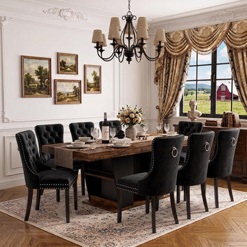 Extendable 9-Piece Dining Table Set, 63"-78.7" Farmhouse Kitchen Table with Storage Base & 8 Tufted Black Velvet
