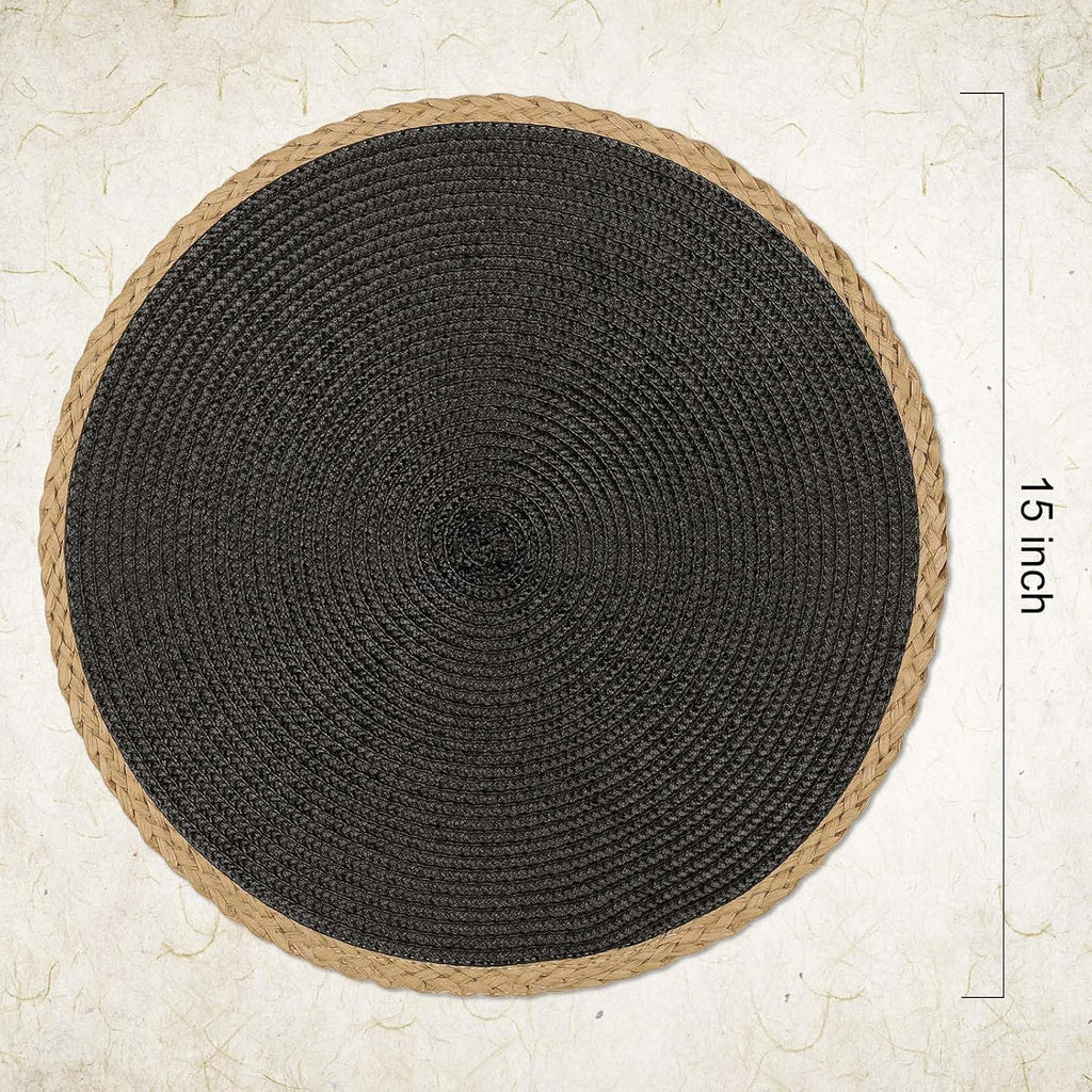 Round Placemats, Woven Table Mats, Thin Edge, Black - Set of 8