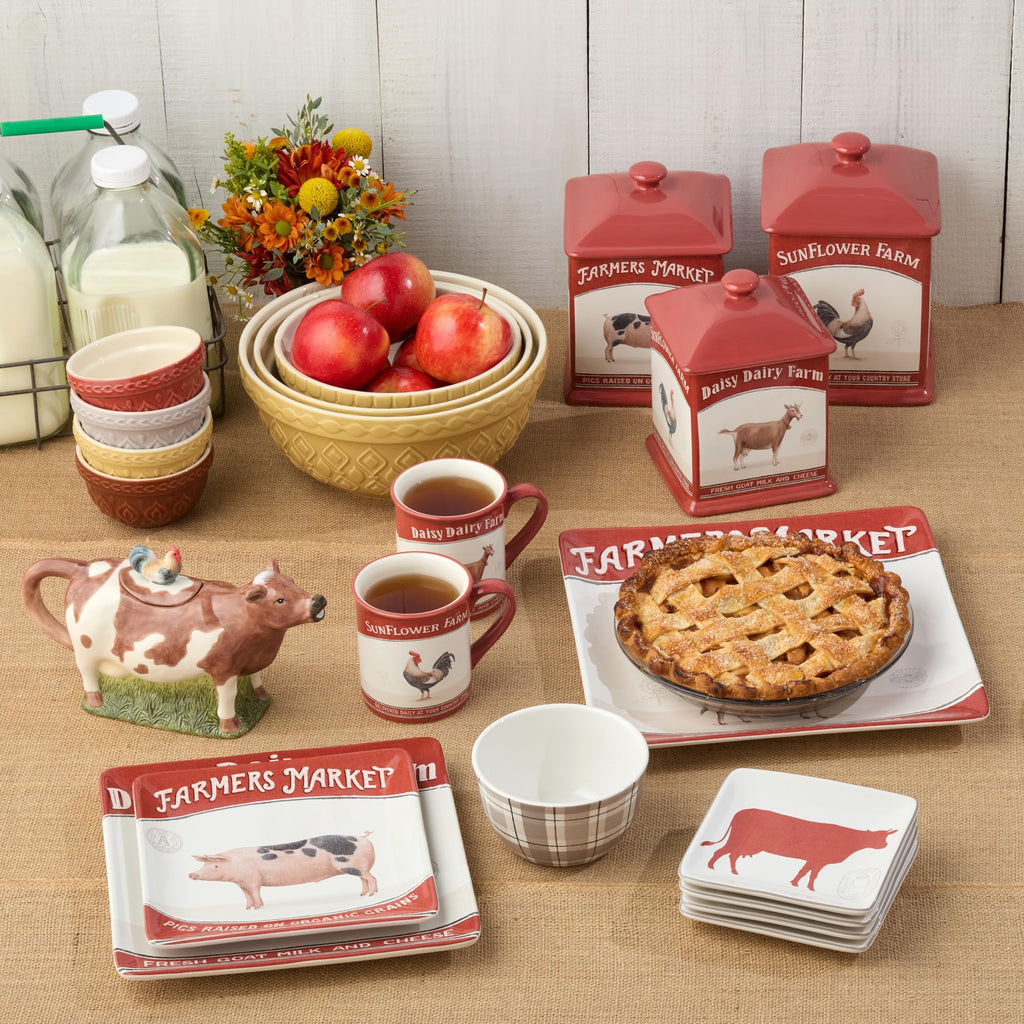 Vintage Farm Stoneware Mixing Bowl Set, 3-Piece, Includes 2 Qt, 3 Qt & 4.25 Qt Bowls, Embossed Patterns