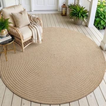 Round Woven Jute Rug 5x5, Indoor Outdoor Area Rugs , Beige | Natural Fiber Handmade Braided Low Pile 5ft Carpet Mat
