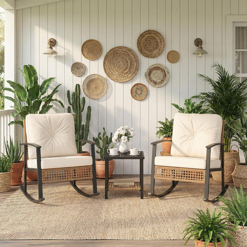 3-Piece Outdoor Rocking Chairs Bistro Set, Rattan Patio Furniture with Thick Warm Beige Cushions & 2-Tier Storage