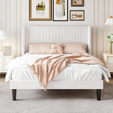 Queen Velvet Bed Frame with Vertical Channel Tufted Wingback Headboard, Upholstered Platform Bed with Wood Slats