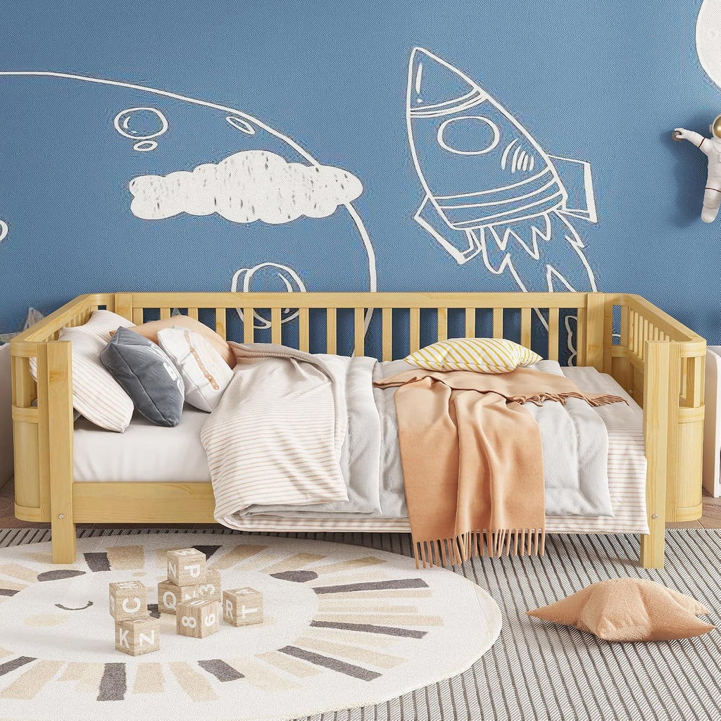 Platform Bed with Fence, Low Bed Frame with Detachable Side Bed Rails, Wooden Montessori Beds for