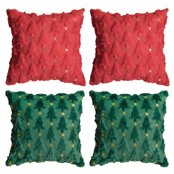 Christmas Tree Star Red Green Throw Pillow Covers Set of 4, 18 x 18 Inch Soft Plush Faux Fur Jacquard Festivals