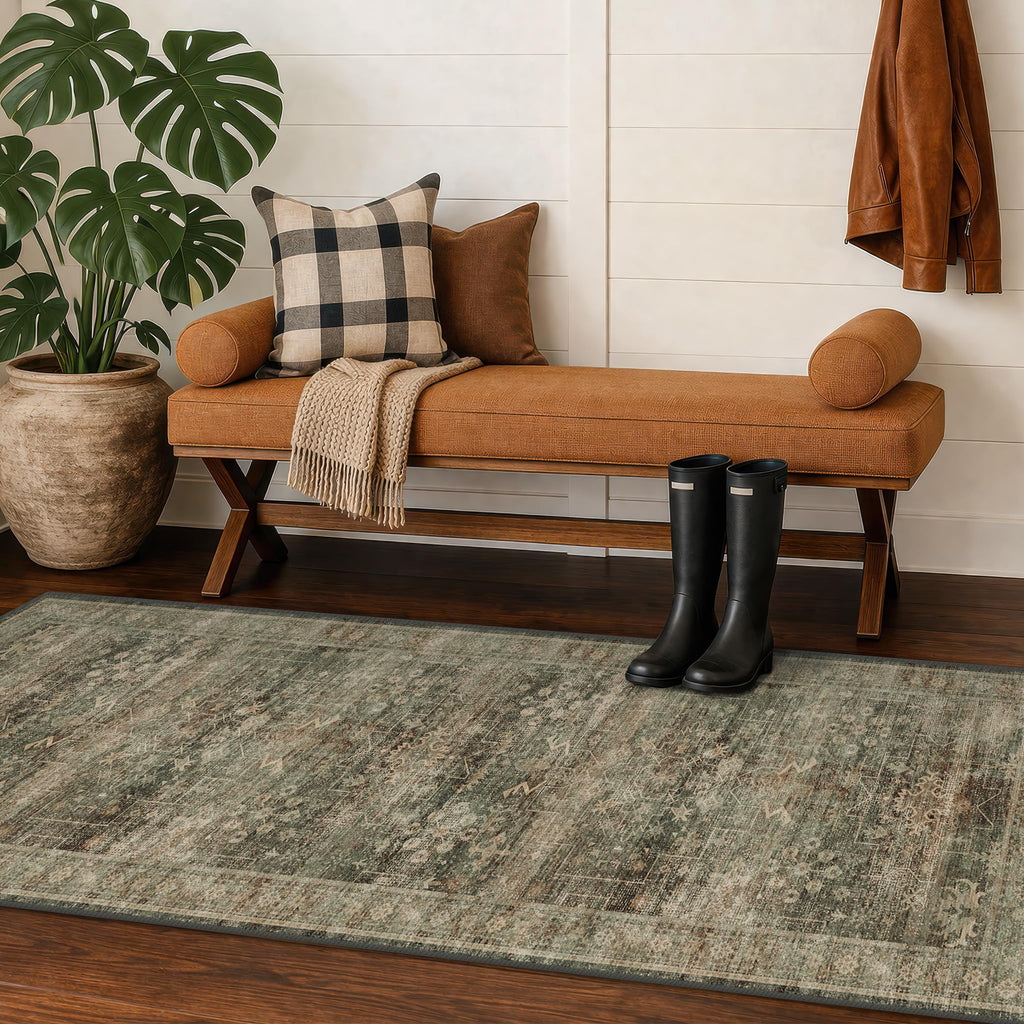 Washable Kitchen Runner Rug, Moss Green Vintage Distressed Geometric Runner Carpet, Low Pile Slip-Resistant
