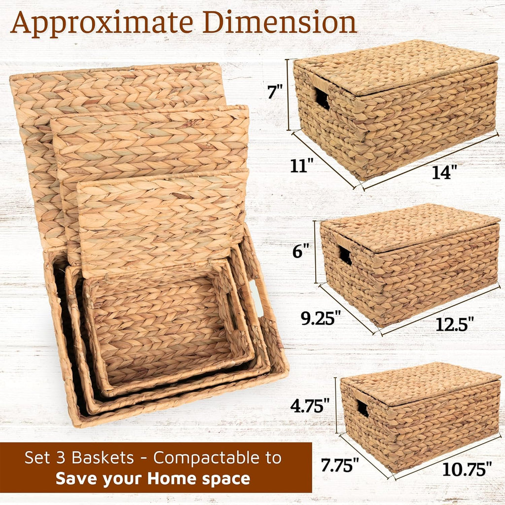 Set of 3 Wicker Baskets with Lid - Woven Storage Basket with Lid - Decorative Storage Boxes and Shelves