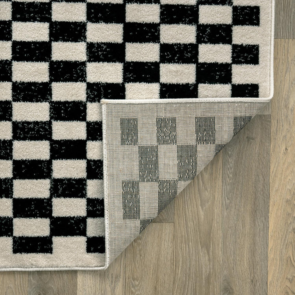 Contemporary Checkered Grid Contrast Area Rug Soft Black