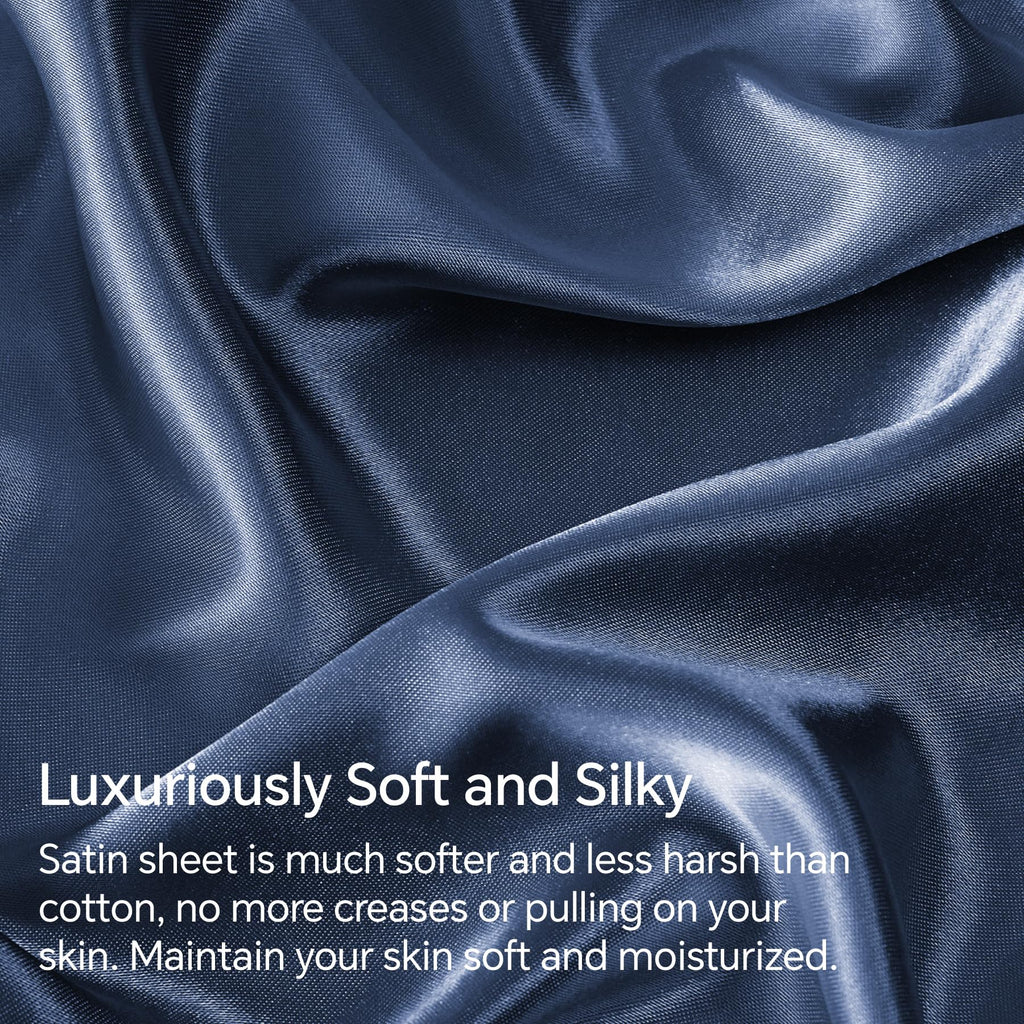 Satin Sheets King Size Bed Set, Navy, 4 Pieces