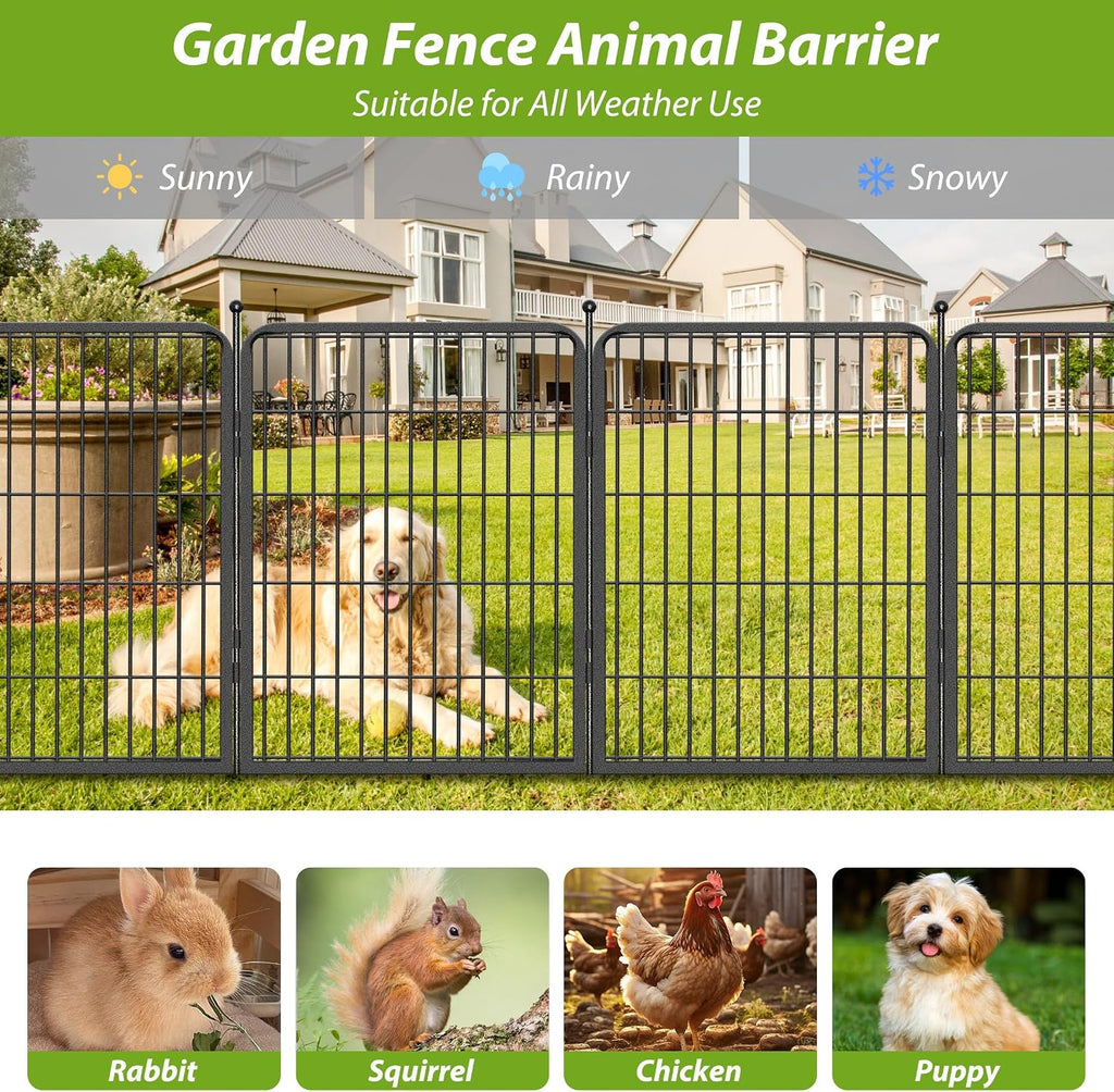Decorative No Dig Fence Panels Metal Garden Fence with Gate, 28ft(L) x 32in(H) Garden Fencing for Dogs Rabbits