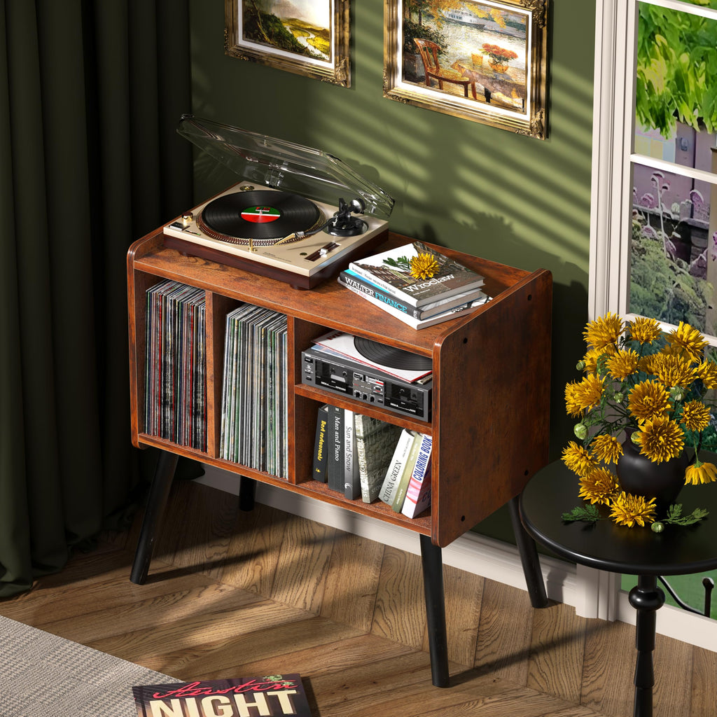Record Player Table, Mid-Century Record Player Stand Hold Up to 150+ Albums
