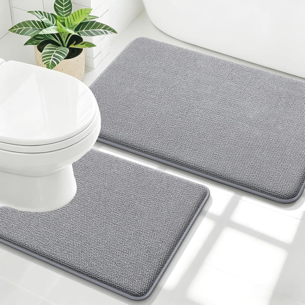 Memory Foam Bathroom Rugs Mats Sets 2 Piece, 24"x20"+30"x20", Grey | U-Shaped Toilet Rug Set, Non-Slip Quick Dry