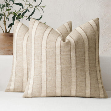 Striped Linen Throw Pillow Covers 18x18 Set of 2, Natural Linen