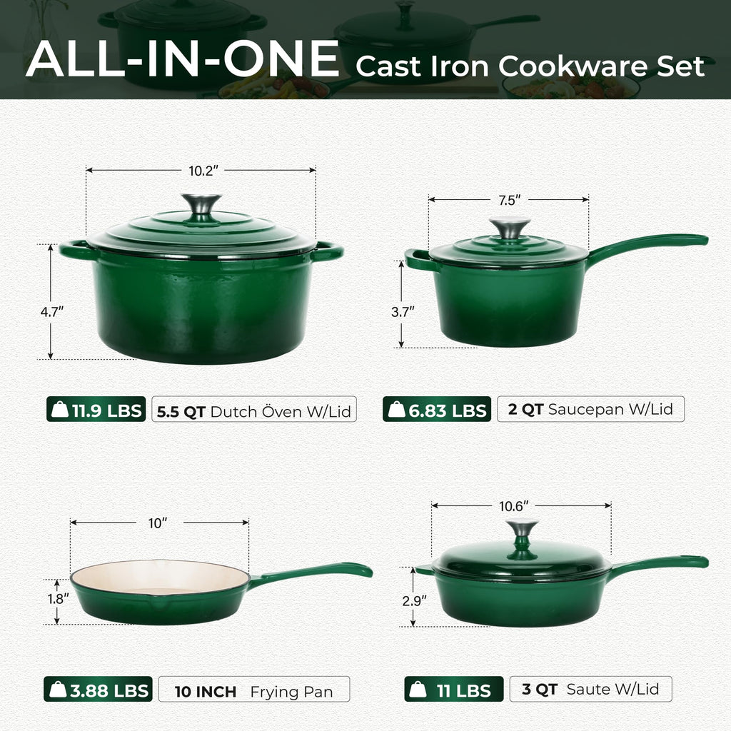 7Pcs Enameled Cast Iron Cookware Sets, Emerd