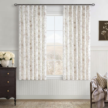 102 Inch Pinch Pleated Brown Flower Patterned Linen Semi Sheer Curtains