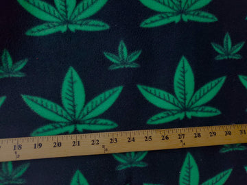 Marijuana Leaves Fleece Black/Green Leaves Sold by Yard