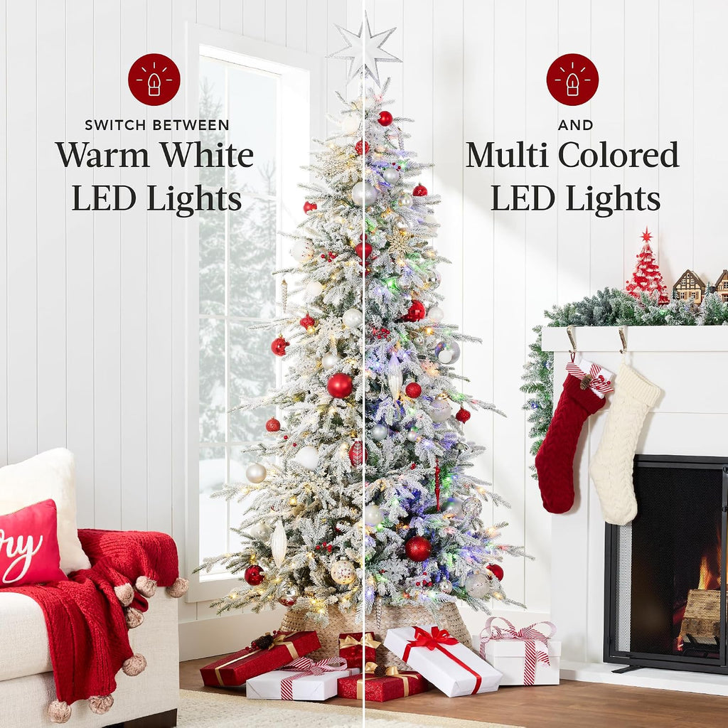 Lighted Aspen Christmas Tree, Flocked Artifical Noble Fir, Pre-Lit White & Multicolored LED Lights Premium