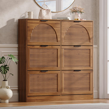 Fluted Shoe Storage Cabinet, 6 Flip Drawers, Walnut