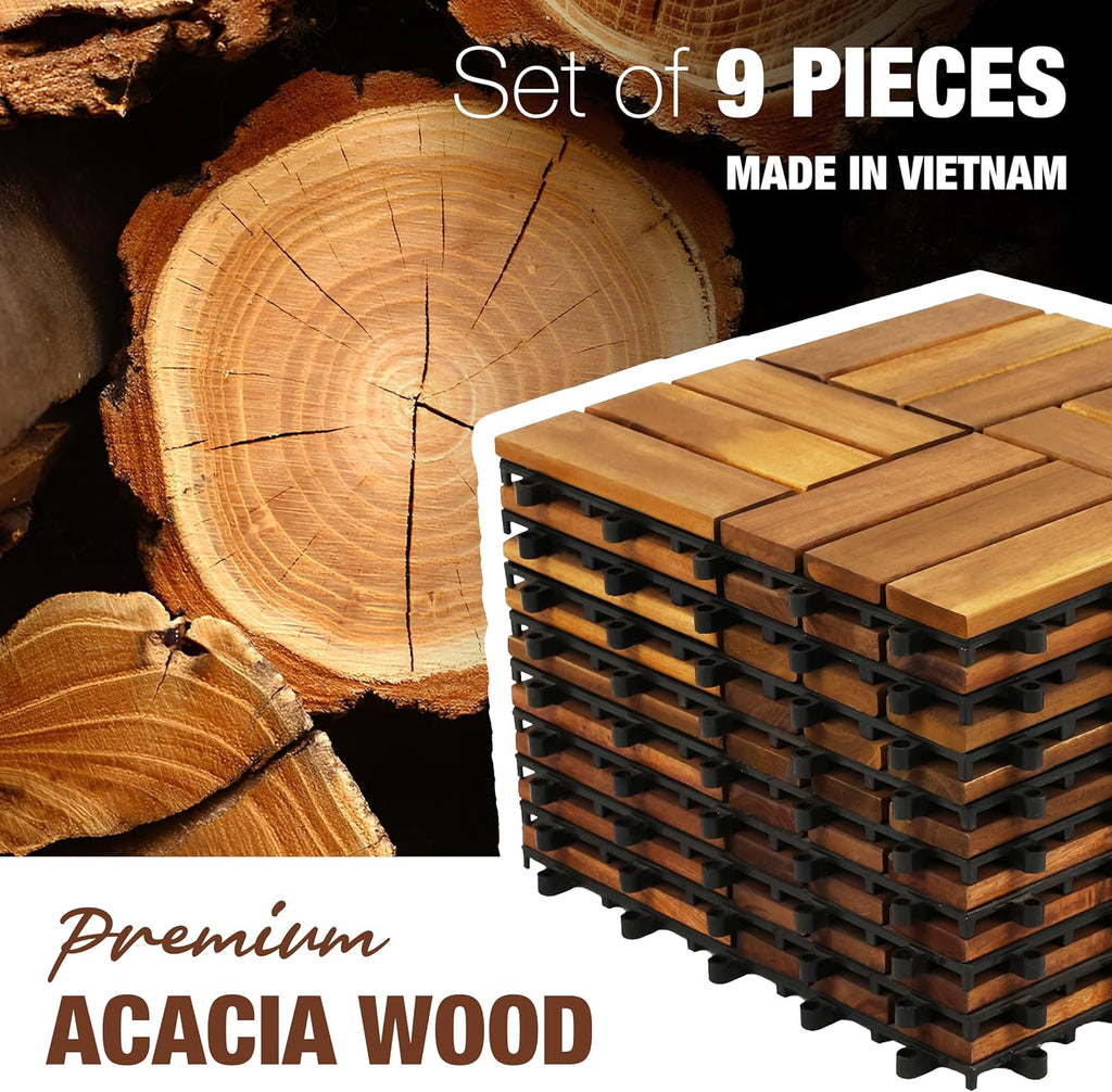 Premium Acacia Wood Interlocking Deck Tiles, 9 PCS 12"x12"x0.9" Patio Flooring, Waterproof Decking Tiles for Balcony