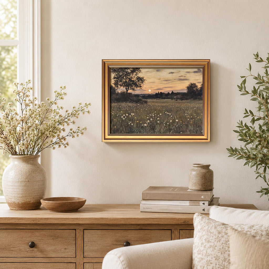 Gold Framed Vintage Landscape Canvas Wall Art, Rustic Wildflower Meadow Poster Painting Print Picture, Countryside