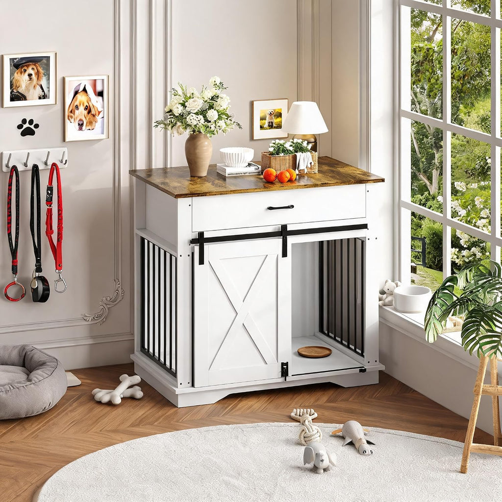 38" Farmhouse White Dog Crate Furniture with Sliding Barn Door & Dual Storage Drawers - Heavy-Duty Indoor Wooden