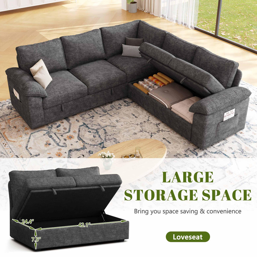 85'' Modular Sectional Sofa with Pull Out Bed, Sleeper Sofa, Dark Gray