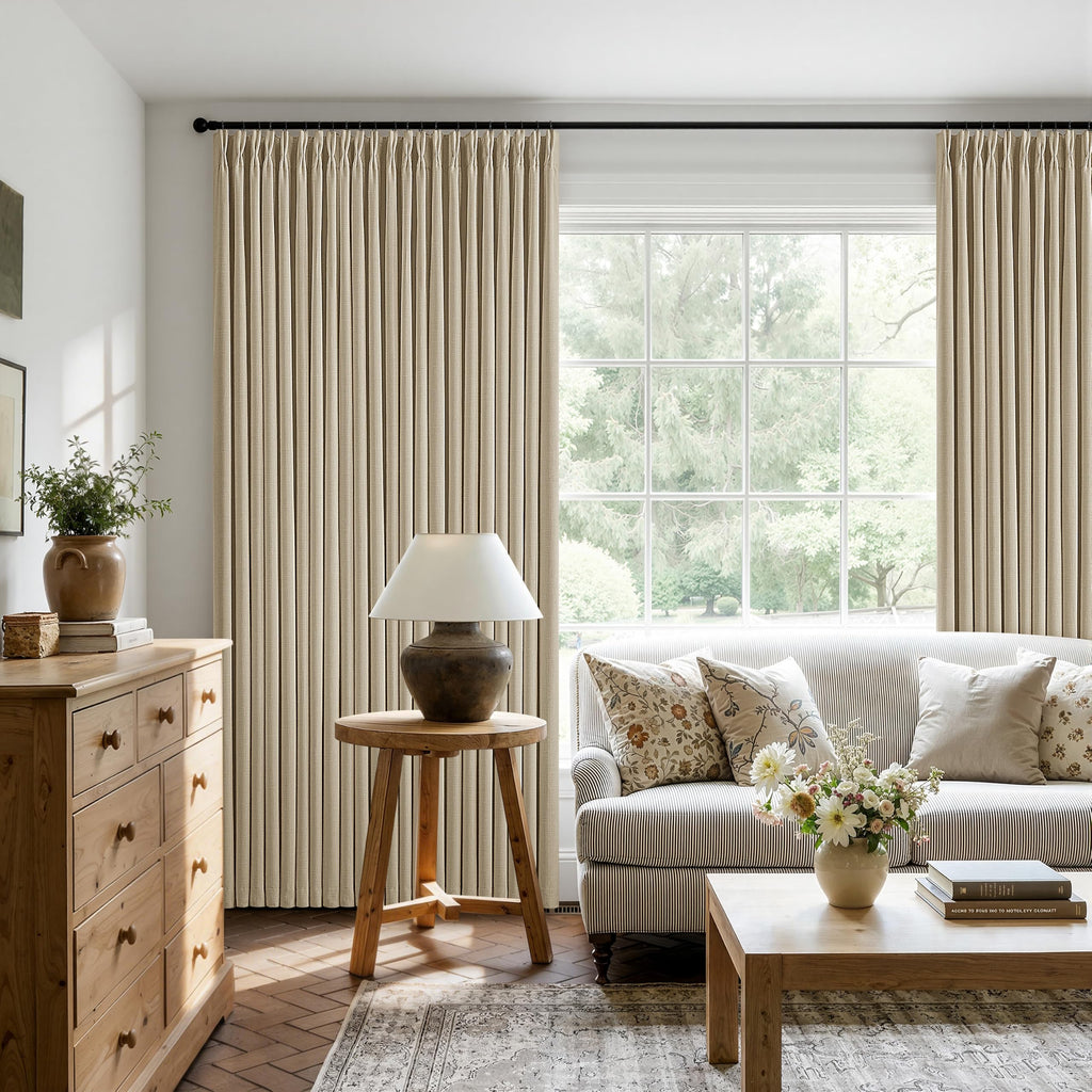 Oatmeal 96 Inch Blackout Pinch Pleated Curtains 2 Panel Set Darkening Thick Linen Textured 100% Black Out Soundproof