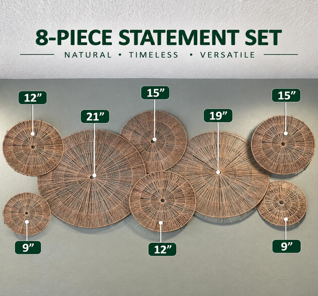 Extra Large 21 Inch boho woven basket wall decor set of 8 | hanging woven boho wall baskets decor set (21, 19, 15