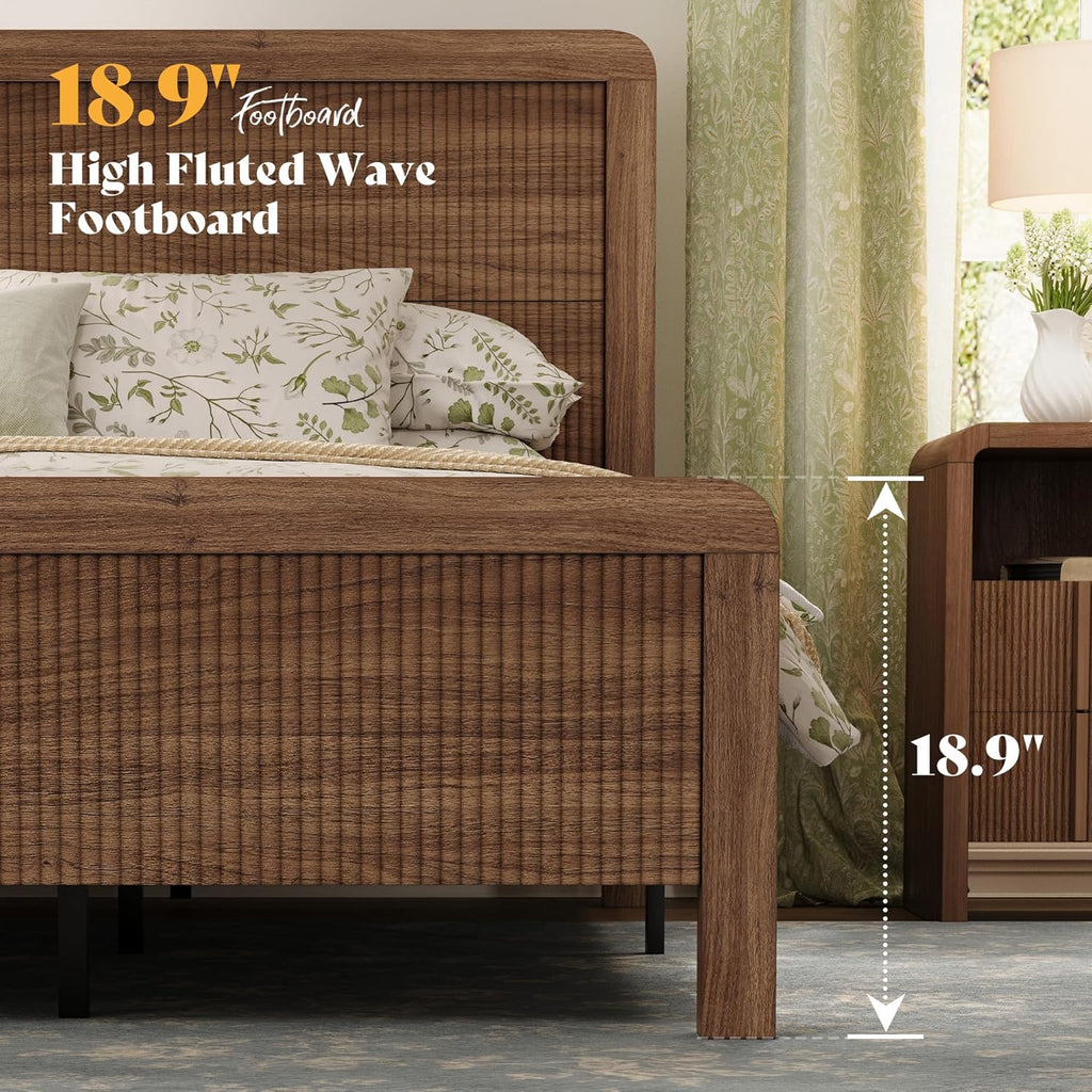 Wood Full Bed Frame with Headboard & Footboard, Modern Fluted Wooden Platform Bedframe with Rounded Safety Edges