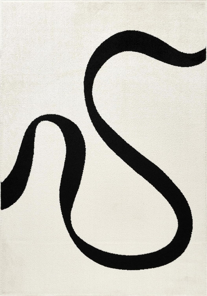 8x10 Black and Cream Area Rug | White Abstract Swirl Wave Carpet | 8' x 10' Beige/Ivory Geometric Wave Design |