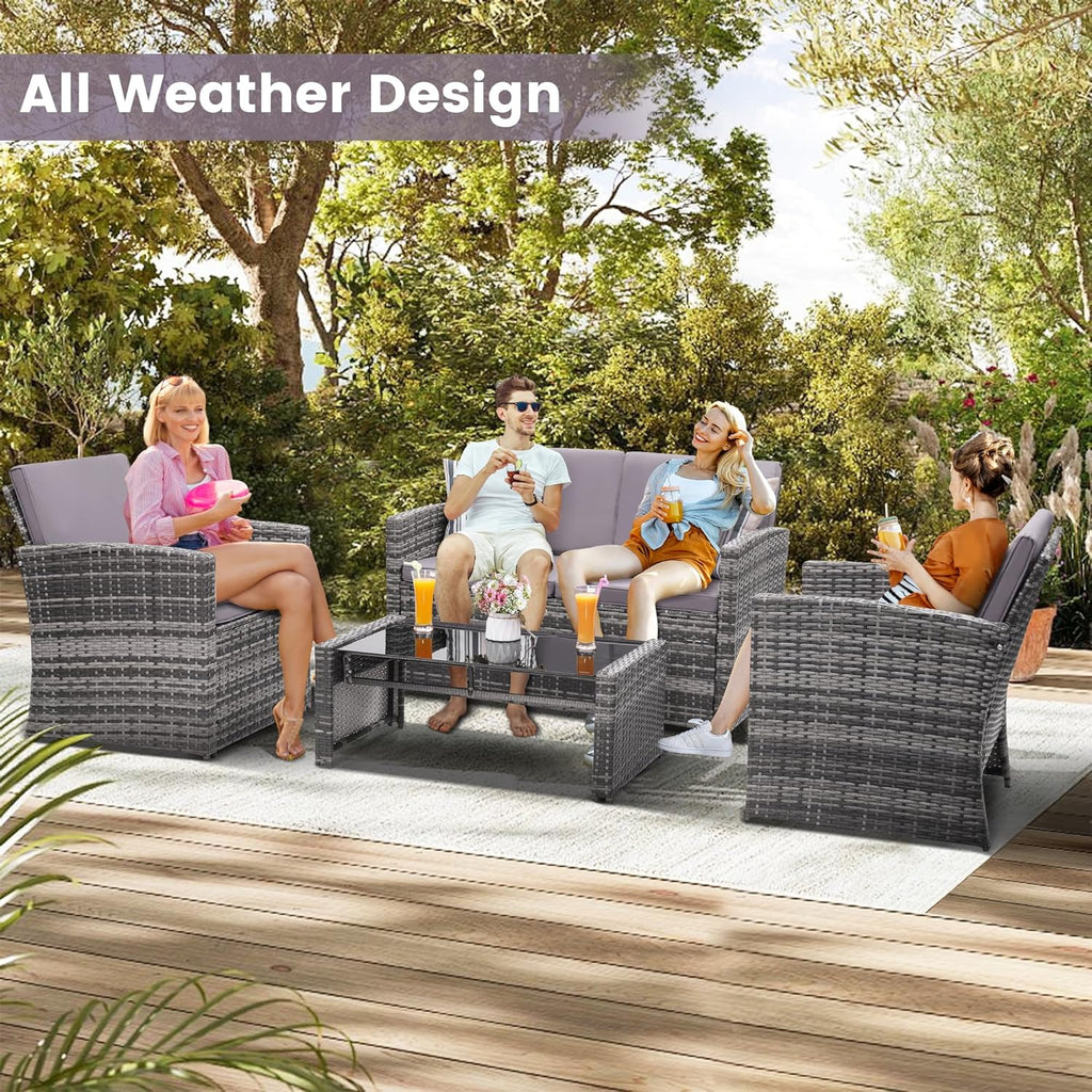 4-Piece Patio Furniture Set, Wicker Outdoor Rattan Sectional Sofa with Cushions and Glass Table