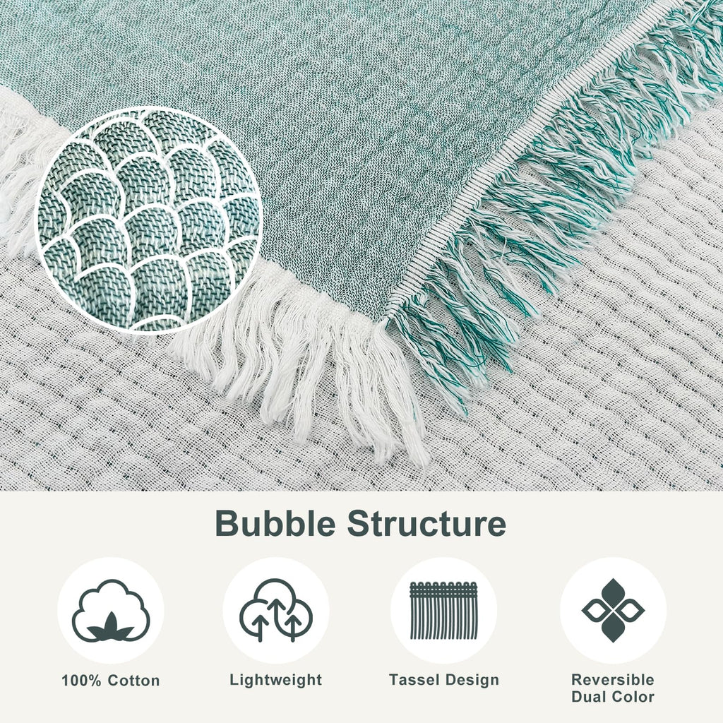 100% Cotton Muslin Blanket Adults with Tassels, Teal Throw 50"x60"