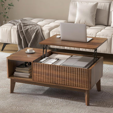 Fluted Lift Top Coffee Table with Storage, Modern Coffee Table（Walnut）