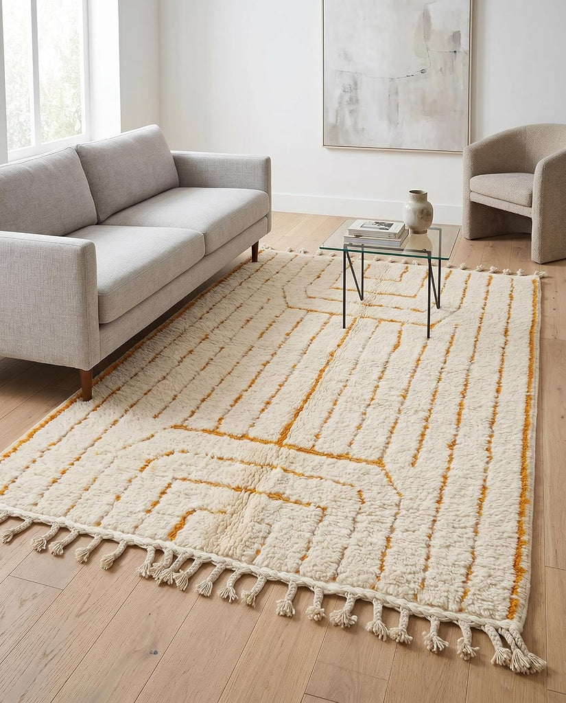 Beni Ourain Moroccan Rug, Cream Saffron Geometric Design (3x6 ft)
