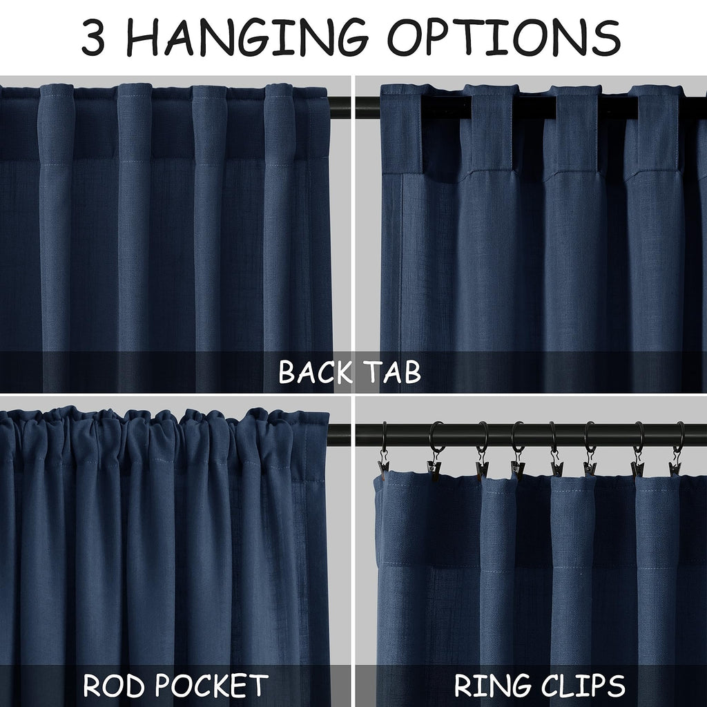 Denim Blue Linen Curtains 102 Inches Long Rod Pocket Back Tab Drapes 2 Panels Set Sheer Light Filtering Semi Sheer